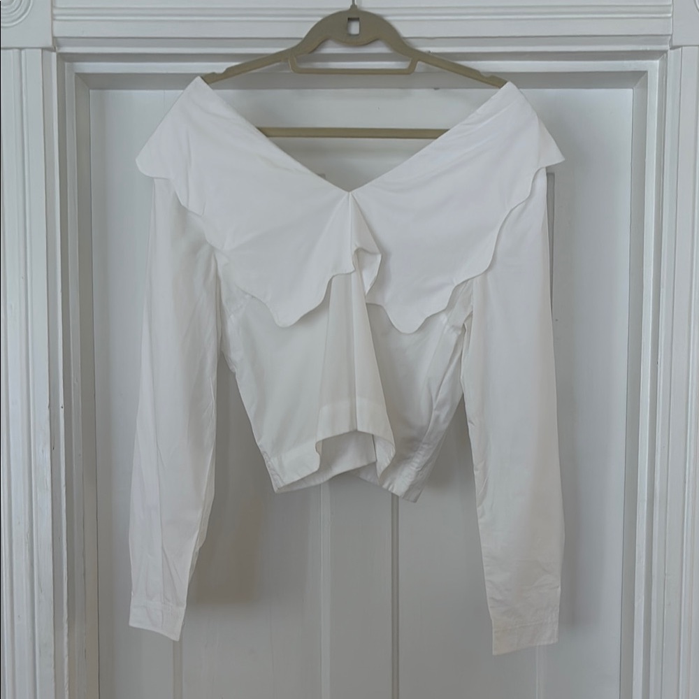 Ganni White Long Sleeve Crop Blouse
